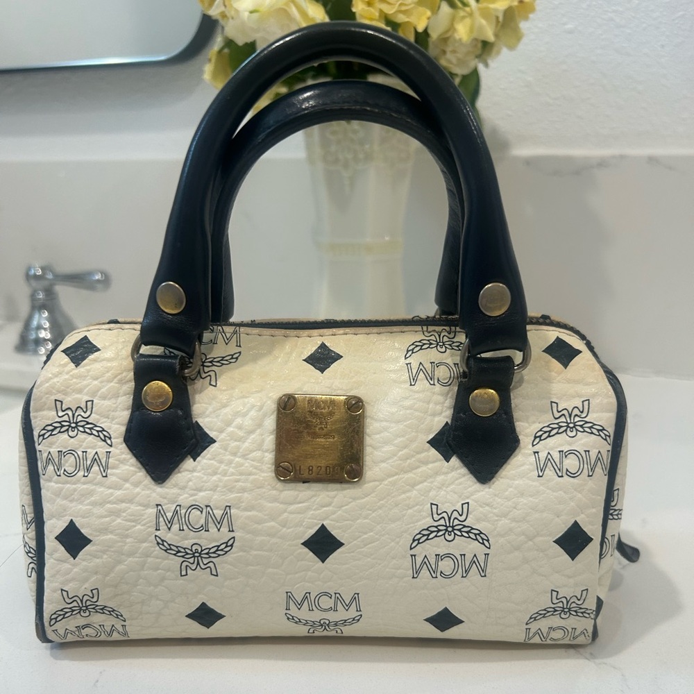 MCM Navy and White Mini Bag with Gold-Tone Hardware